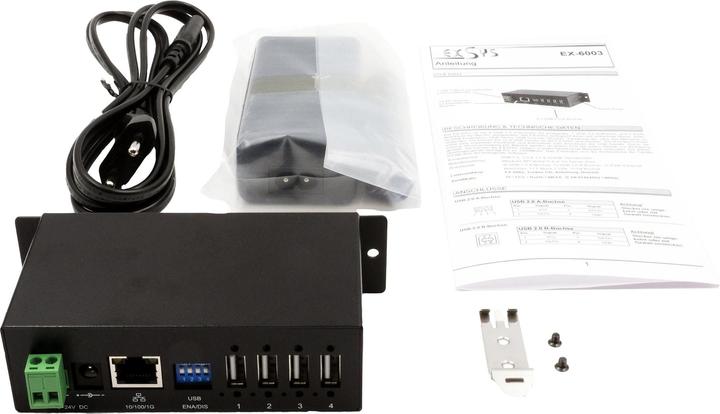 Image du produit Exsys Ethernet GLAN 1x vers 4x USB2.0 Serveur de périphérique 4 ports,alimentation incluse,15KV ESD