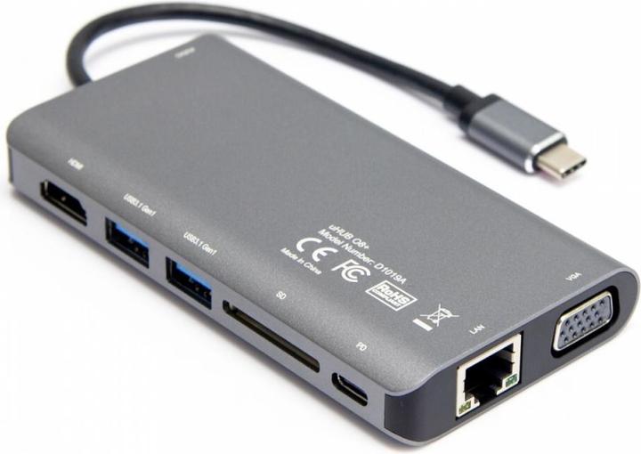 Produktbild Unitek HUB USB HUB 8-w-1 USB-C 3.1 HDMI VGA RJ45 SD PD 100W D1019B (USB-C, 8 Ports)