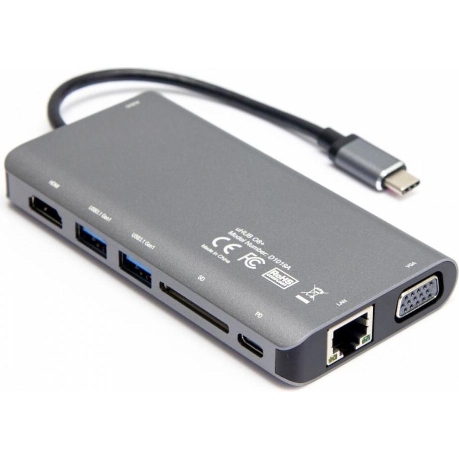 Unitek HUB USB HUB 8-w-1 USB-C 3.1 HDMI VGA RJ45 SD PD 100W D1019B (USB-C, 8 porte), Docking station + Hub USB, Grigio