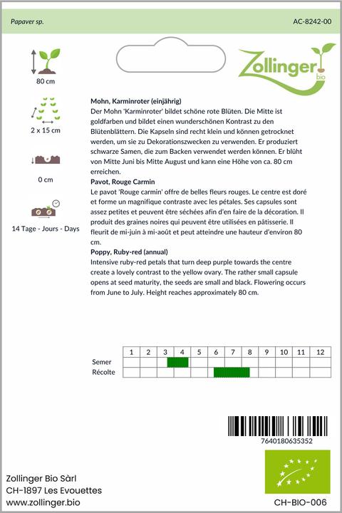 Produktbild Zollinger Bio Mohn, Karminroter (einjährig) (Keimlinge)