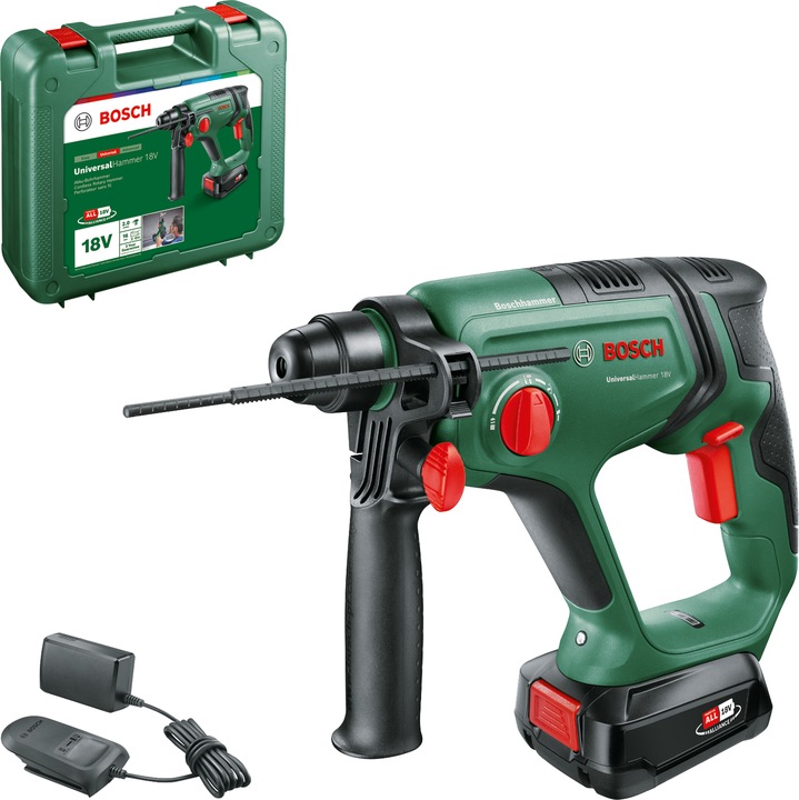Cordless hammer drill UniversalHammer 18V, 1 battery pack PBA 18 V 2.5 Ah W-B, charger AL 18V-20, depth stop, carrying case