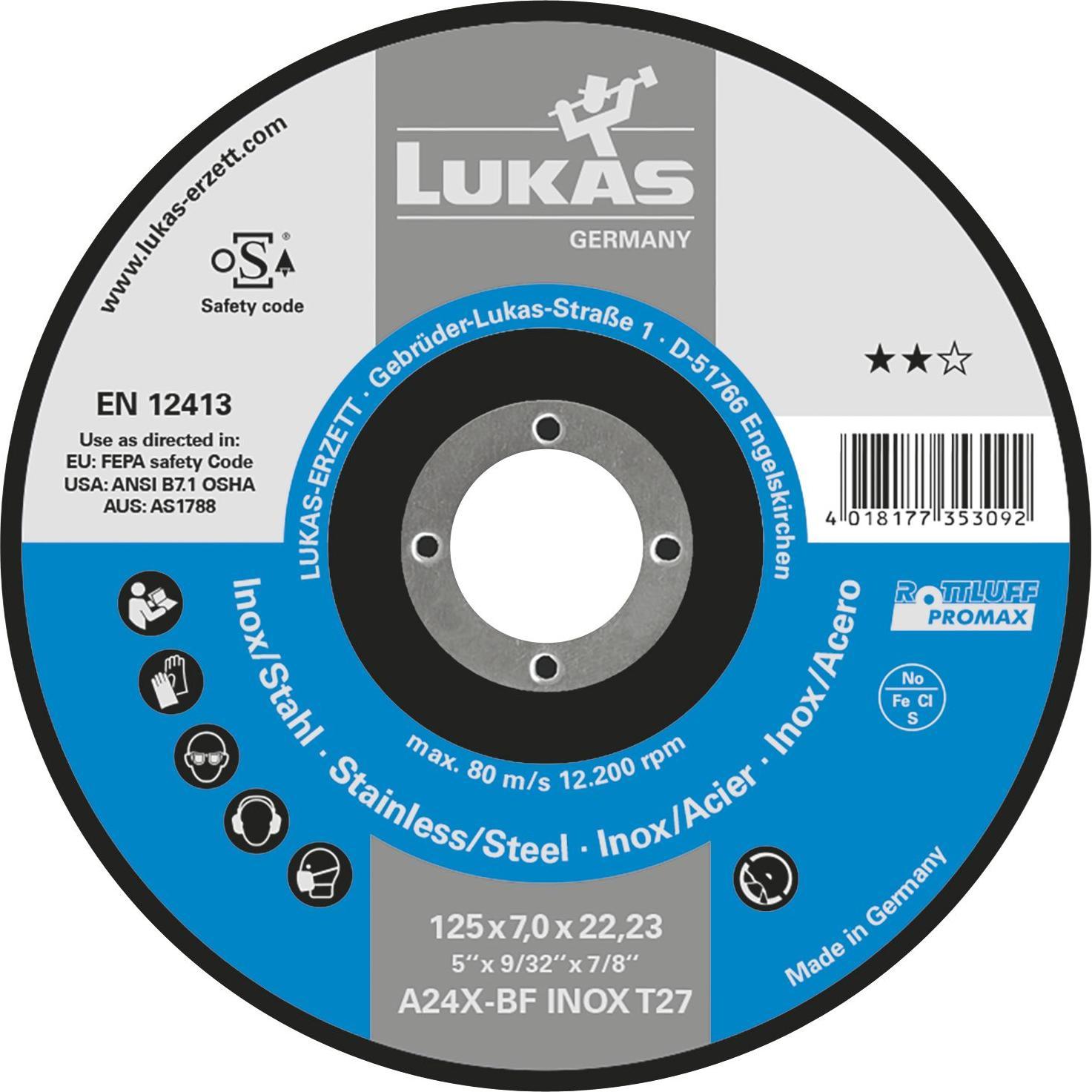 Lukas, Schleifmittel, Schruppscheibe Promax**gekröpft A24X-BF ø 230 x 6 mm Inox/Stahl