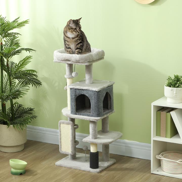 Produktbild PawHut Kratzbaum Spanplatte, Polyester Hellgrau (104 cm, Cremeweiss, Hellgrau)
