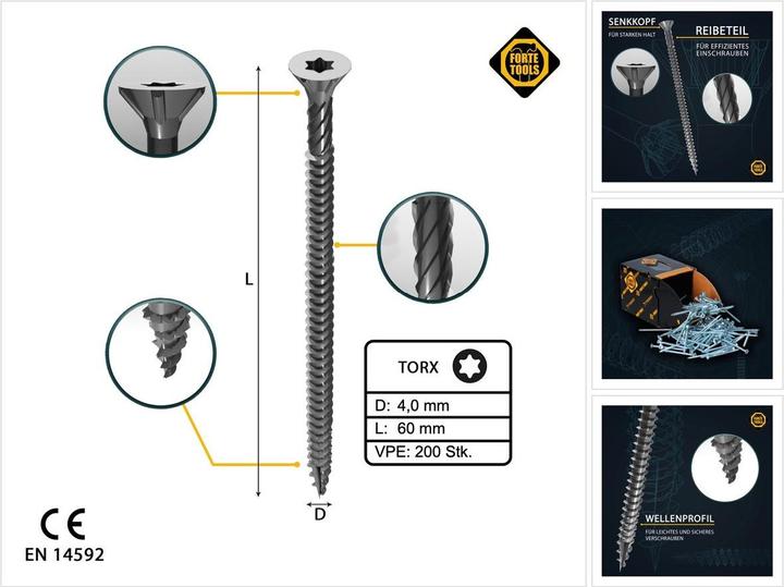 Forte tools CHIPBOARD SCR T20 4.0X60 WHITE ZN(200) (200 Screws per piece)