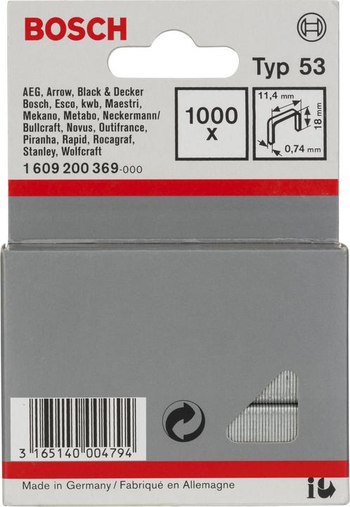 Produktbild Bosch Professional Zubehör Feindrahtklammer Typ 53, 11,4 x 0,74 x 18 mm, 1000er-Pack