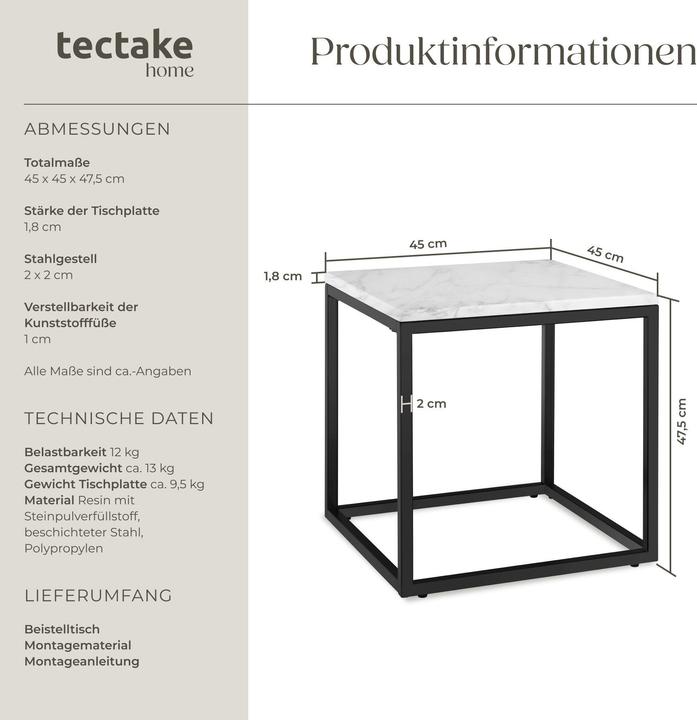 Image du produit tectake Table d'appoint en marbre Alysia, carré (45 x 45 x 47.50 cm)