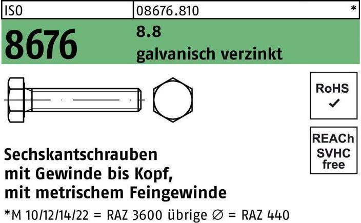 Produktbild Sechskantschraube ISO 8676 VG M 12 x1,25x 25 8.8 galvanisch verzinkt (100 Schrauben pro Stück)