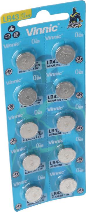 Actual product image Vinnic 10er Set LR43, VA12GA, 186, 84, LR1142, G12, AG12, L1142, RW84, D186 (10 pcs., LR43, 80 mAh)