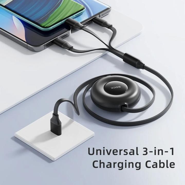 Image du produit Rock - G16 3-in-1 Flexible Retractable Data Cable, Multikabel, Schwarz (1 m)