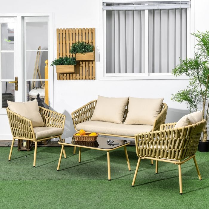 Produktbild Swisshandel24 4 tlg. Rattan Gartenmöbel-Set, Sitzgruppe mit 1 Couchtisch, 2 Sesseln, 1 Doppelsofa, Gartengarnitur