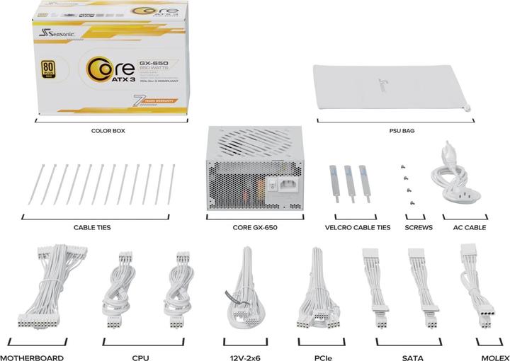 Image du produit Seasonic Sea Sonic 650W Core SRP-CGX651-A5A32SF-W ATX 3.1 80+ Gold (650 W)
