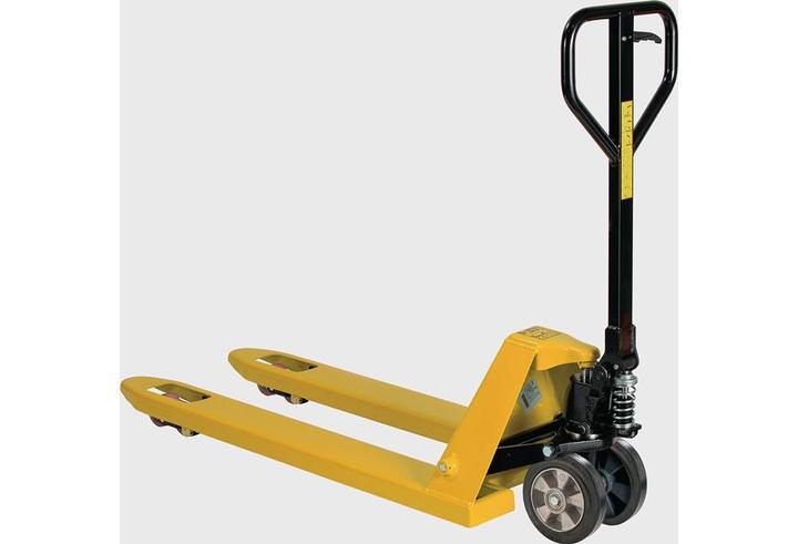 Actual product image HP Autozubehör Pallet truck Fork-l. 1150 mm Trgf. 2500 kg Steel signal yellow, RAL 1003 Solid rubber/ polyurethane