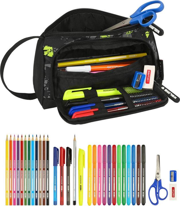 Produktbild Kelme Federmäppchen mit Zubehör Jungle Schwarz Grau Neongrün 20 x 11 x 8.5 cm (32 Stücke)
