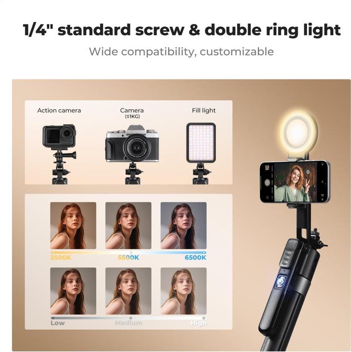 Actual product image K&F Concept MS-51 1.8M Selfie Stick With Rechargeable Bluetooth Remote Control, 1/4 Screw, 2pcs Ring