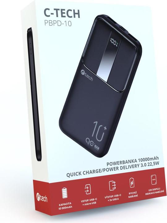 Actual product image C-Tech Powerbanka, Li-Pol,, USB-C/USB-A/micro USB (10000 mAh, 22.50 W, 37 Wh)