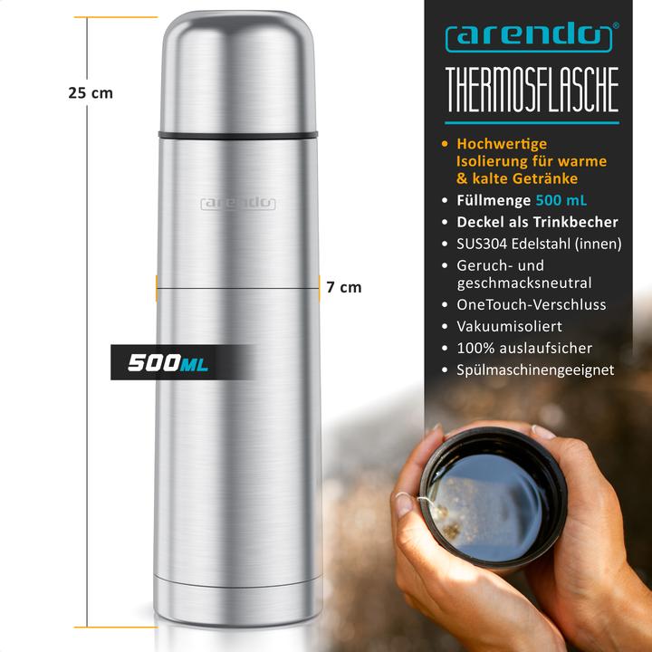 Produktbild Arendo Thermobecher 0,5l Edelstahl, doppelwandig isoliert, auslaufsicher, vakuumisoliert, 12h/24h warm/kalt (0.50 l)