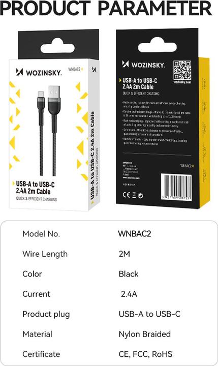 Actual product image Wozinsky WNBAC1 USB-A / USB-C 2.4A cable 1 m - black (1 m)