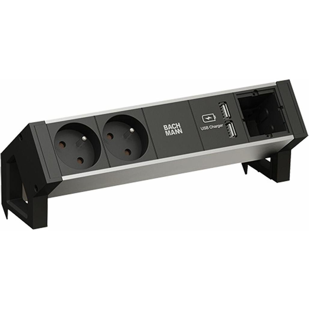 Bachmann, Steckdosenleiste, Desk 2 Alu - 2 AC-Ausgänge - Indoor - Typ E - Aluminium - Kunststoff - Schwarz - (2 x, CEE 7...