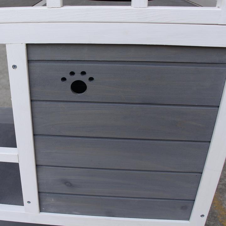 Produktbild PawHut Katzenhütte für draussen mit Terrasse, 4 Etagen, Winterfest, Grau, 75,5x75x137cm (137 cm, Dunkelgrau  Weiss)