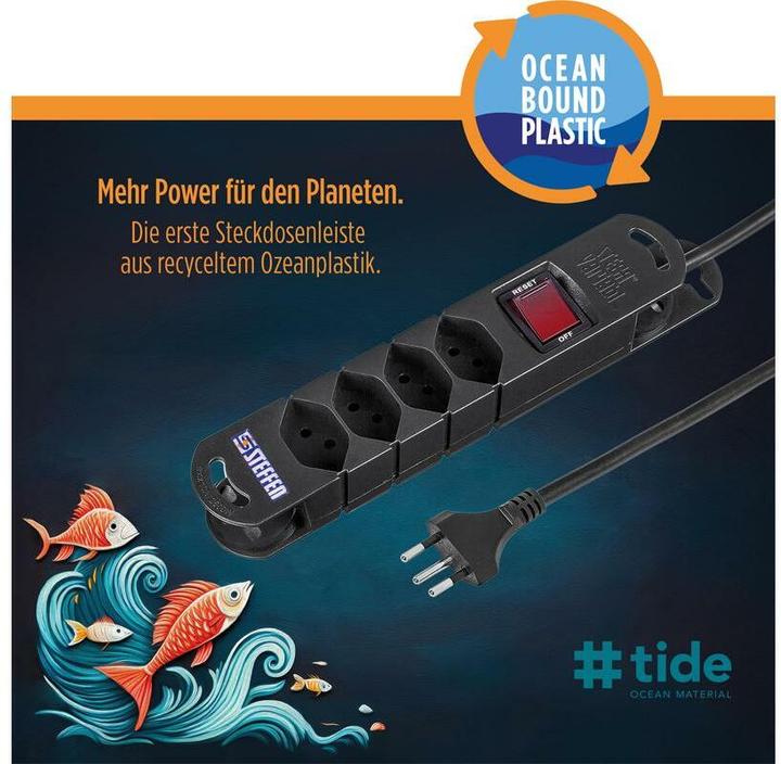 Produktbild Steffen Steckdosenleiste TIDE 4xT13 3m mit Schalter und Haftmagnete sw (4 x, Typ 13, 3 m)