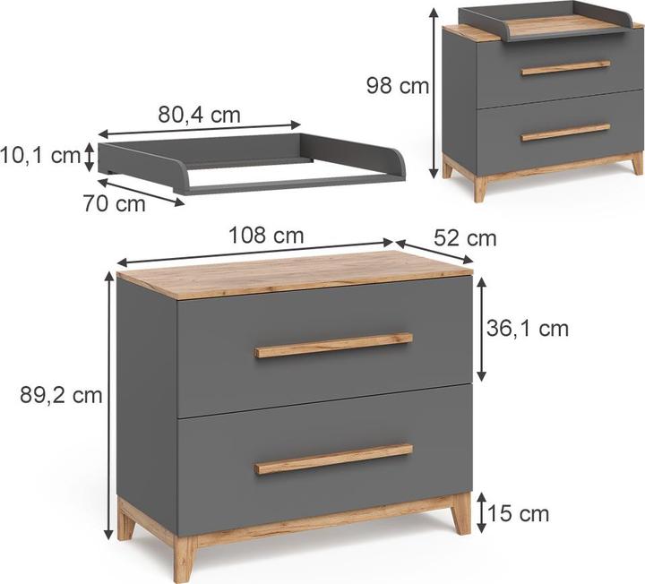Actual product image Vicco Changing table Malia, Gray/Artisan/Artisan, 108 x 98 cm with 2 drawers