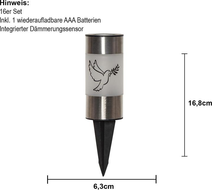 Produktbild Star Trading Display Solarleuchte Dove, Grableuchte, Wegleuchte, 16 Stück, LED, Dämmerungssensor, Wa (IP44)