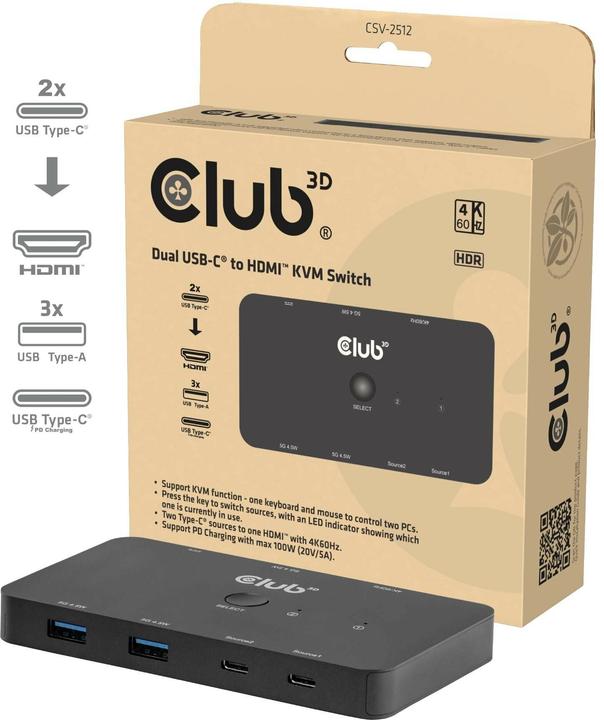 Produktbild Club 3D Club3D KVM Switch 4K60Hz 2x USB-C> HDMI/3xUSB/USB-C 100W PD