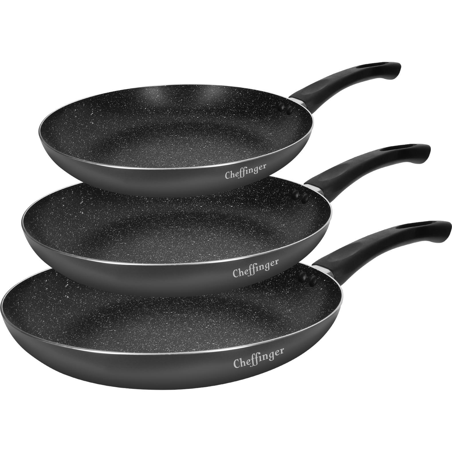 Cheffinger Trio aus Bratpfanne 20 / 24 / 28 cm mit Marmorbeschichtung und Softgrip-Griff, Pfanne + Kochtopf, Schwarz