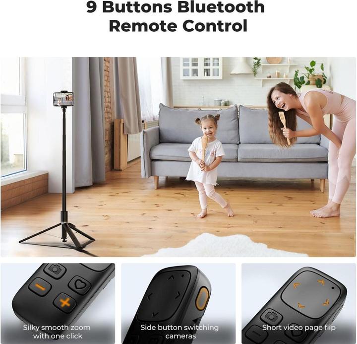 Actual product image K&F Concept X96 1.75M Phone Selfie Stick with 9 Buttons Bluetooth Remote Control, Phone Holder (Black)