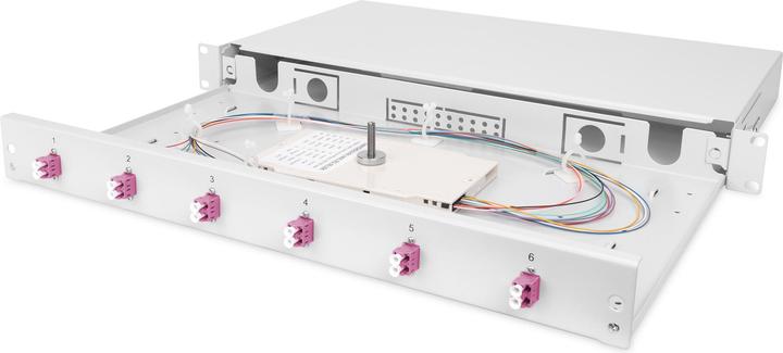 Productafbeelding Digitus Pull-out glasvezel splitterbox 1U Voorzien van 6x LC duplex incl. M 25 schroef Splice cassette F...