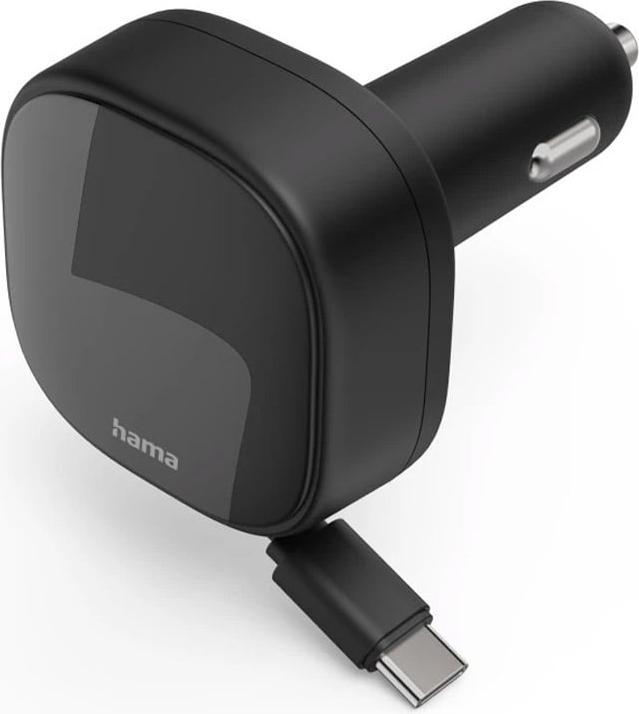 Hama Auto-Schnellladegerät, 2x USB-C, ausziehbares Ladekabel, PD, 30 W, Schwarz