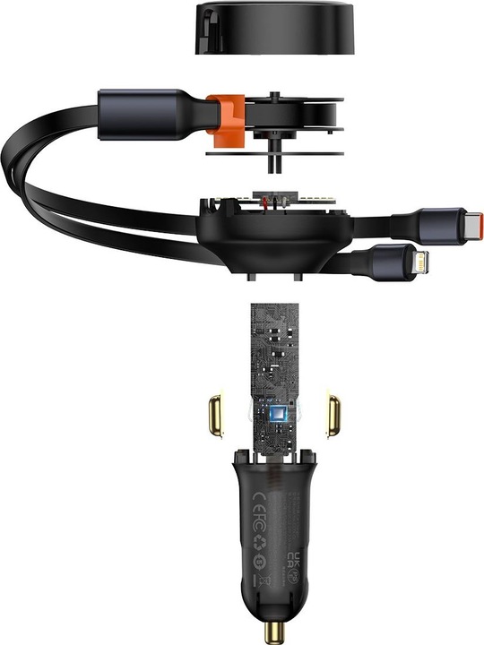 Actual product image Baseus Enjoyment Car Charger with cable USB-C + Lightning 3A, 30W (Black)