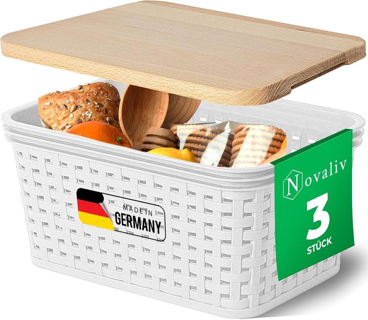 Produktbild Novaliv 3er Set Aufbewahrungsbox mit Holzdeckel Küche 2L Weiss Kunststoff Rattan-Optik Küche Aufbewah (14 cm, 2 l, 3x)