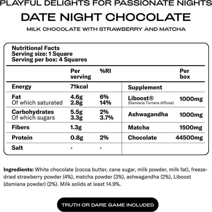 Valeurs nutritives et ingrédients The Oh Collective Date Night Chocolat (Divers, Jeu de cartes, Anglais)