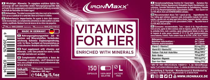 Nutritional values and ingredients IronMaxx Vitamins For Her (150 Piece, Capsules, 150 g)
