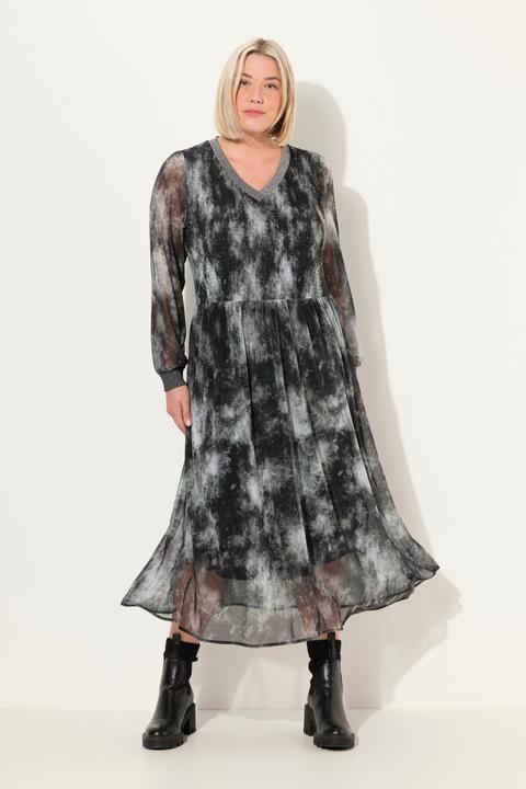 Produktbild Ulla Popken Smok-Midikleid, Batikmuster, V-Ausschnitt, Langarm (42, 44)
