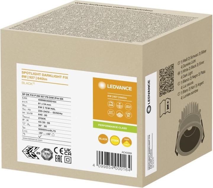Actual product image Ledvance LED SPOT DARKLIGHT Recessed luminaire 8W 3000K IP44 dimmable 90Ra 4099854000164 (640 lm)
