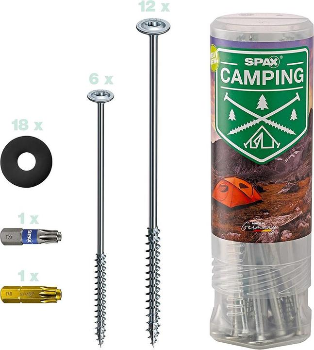 Produktbild Spax CAMPING SET: HI.FORCE 8x220, HI.FORCE 6x160, UNTERLEGSCHEIBEN, BIT T30, BIT