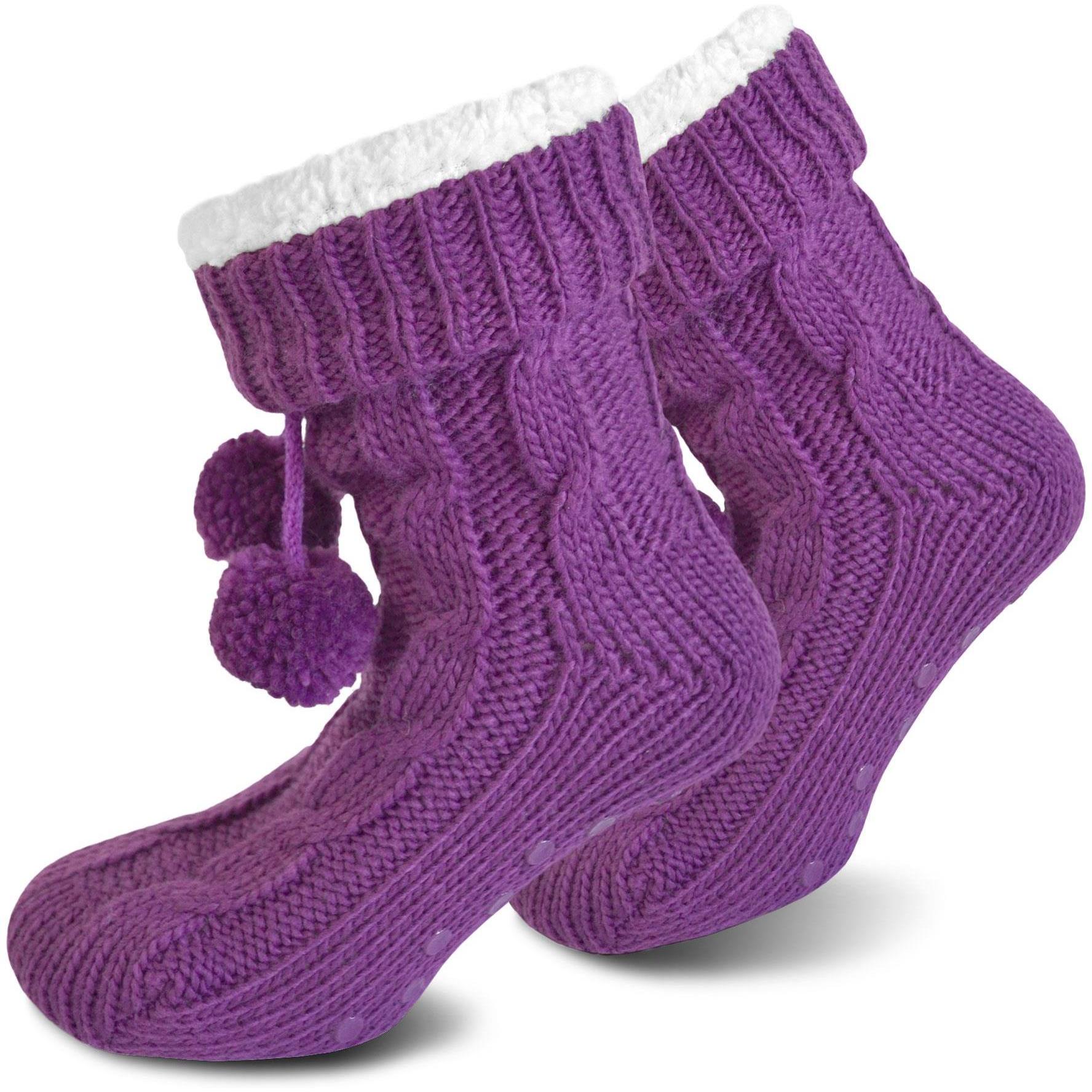 Normani, Herren, Socken, Strick-Hausschuhe mit Bommeln und ABS, Violett, (Einzelpack, 40 - 44)