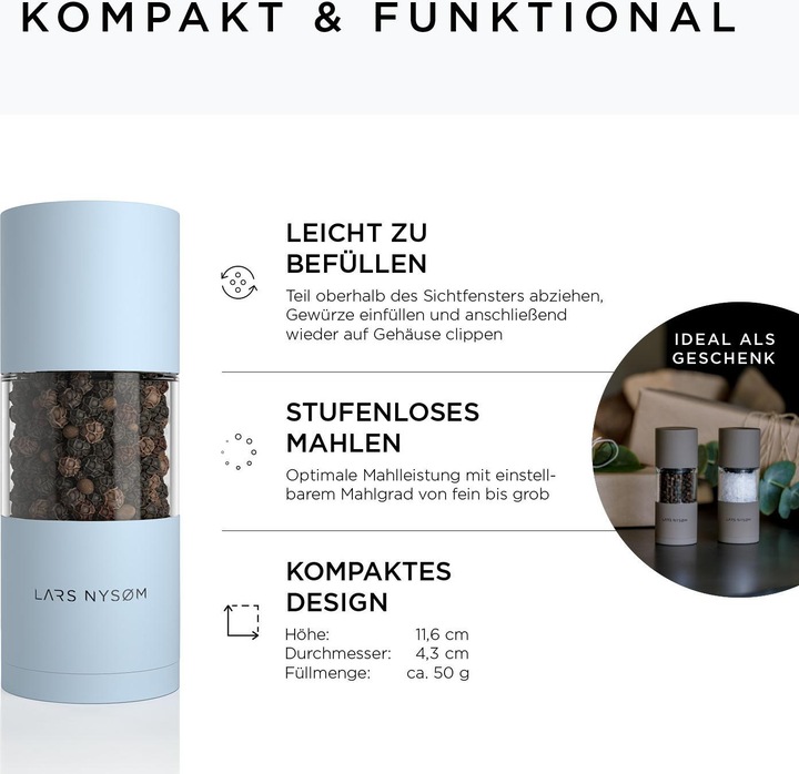 Actual product image Lars Nysøm Salt & pepper mill set Sjael (Salt, Pepper, Sea salt, Nutmeg, Various spices, Chili, Herbs)