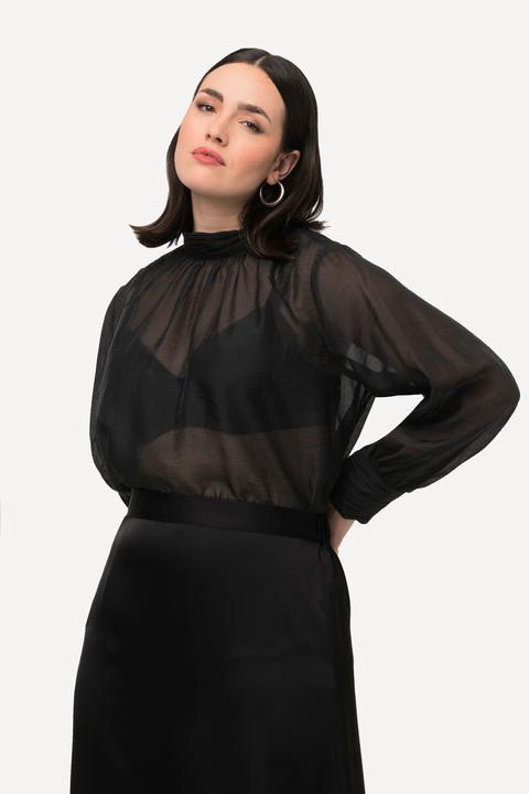 Immagine prodotto Ulla Popken Blusa con lyocell, pieghe decorative, collo alto e maniche lunghe (50, 52)