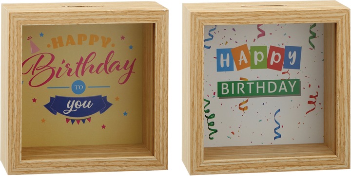 Roost Money box birthday 53194 wood, ass. 14x14x6cm (14 x 14 x 6 cm)