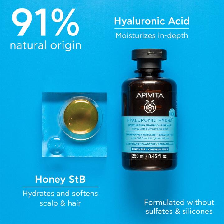 Actual product image Apivita Hyaluronic Hydra Moisturizing Shampoo For Fine Hair - 250ml (Liquid shampoo, 250 ml)