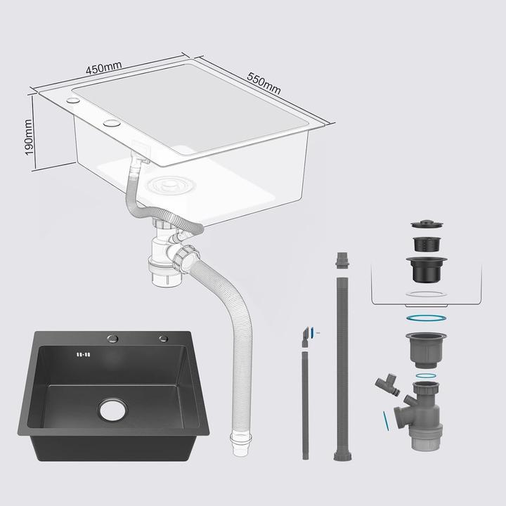 Immagine prodotto Ibergrif Lavello con Filtro di Scarico e Due Fori di Montaggio (Lavello montato, 45 cm)