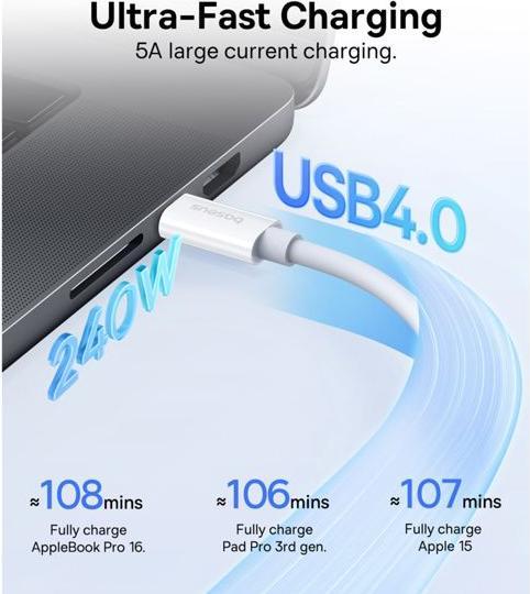 Produktbild Baseus fast Charging Cable Superior 2 USB-C to USB-C 240W, 1,8m (white) (1.80 m, 240 W)