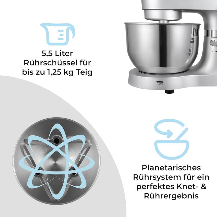 Image du produit KLAMER Küchenmaschine Classic 1400 W – 5,5 L Rührschüssel aus Edelstahl, Knet-, Rühr- & Schneeb… (1400 W, 5.50 l)