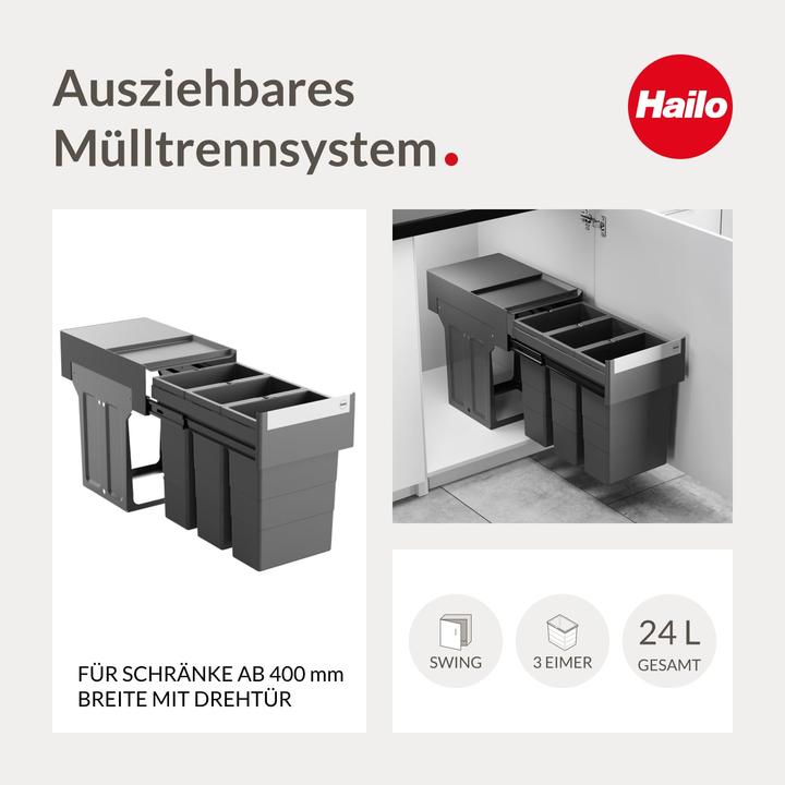 Image du produit Hailo Abfallsammler 3666921 Terzett 3x8 Liter Abfalltrennsystem Einbau-Mülleimer für Unterschränke a (24 l)