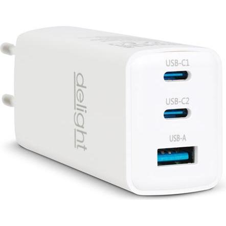 Delight USB-A 20W + Type-C (USB-C) PD45W adapter 65W (55042), DC 5-20V, gyorstöltéssel, fehér (65 W, 2 porte), Caricatore USB, Bianco