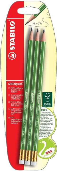 Produktbild STABILO Greengraph 3er Bleistift HB mit Radierer (2 mm, HB, 3 x)