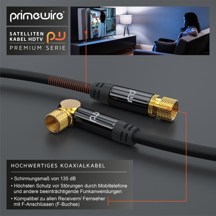 Actual product image Primewire SAT cable HDTV 90° angled - Premium SAT coaxial cable - TV Radio DVB-T DVB-C - 4-fold shielding (135 dB, Satellite cable)